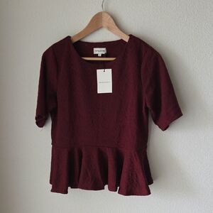 PEPALOVE Burgundy Peplum Blouse Short Sleeve Sz S NWT Office Career Wear Retro